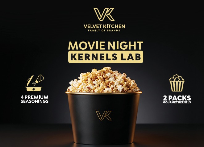 The Velvet Kitchen Gourmet Popcorn Movie Night Gift Box (2 Packs Premium Kernels + 4 Seasonings - 800g)